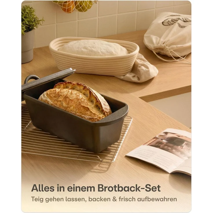 Praknu Bräter Gusseisen Topf für Brot Backen Set – Inkl. Gärkorb, Beutel & Backtopf, (Set mit Zubehör, Gusseisen Topf Eckig 3L + Deckel + Gärkörbchen + Leinenbeutel), Dutch Oven, Brot-Set komplett, Gusseisen massiv – Bild 2