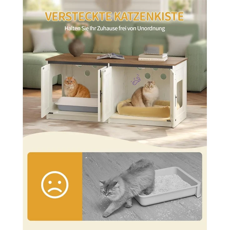 Katzenschrank, Katzenklo Schrank für 2 Katzen, Versteckter Katzentoilettenschrank, Katzenhaus für den Innenbereich, Bauernhausstil, 119 x 48 x 53,5 cm, Braun und Weiß – Bild 5