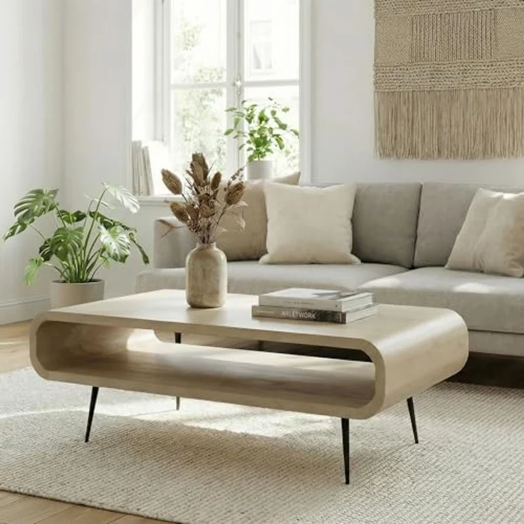 Couchtisch Mango Massivholz white wash 90cm - Design Wohnzimmertisch mit Metall Beine - Rechteckiger Sofatisch Ablage Retro - Loungetisch Holz - Natur Beistelltisch Handmade – Bild 2