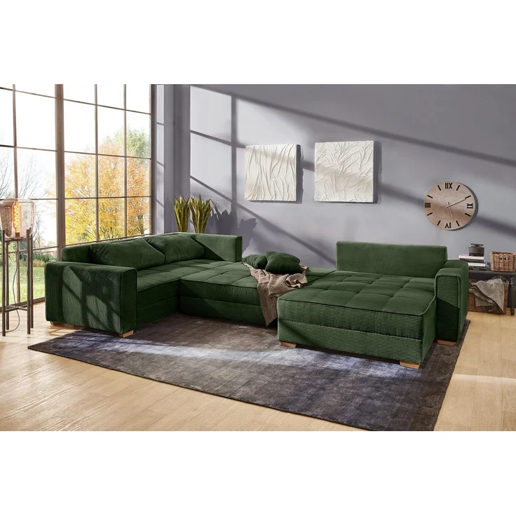Wohnlandschaft U-Form Sofa Schlaffunktion Couch Bettkasten Cord in Grün – Bild 5
