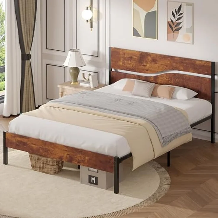 VECELO Bettgestell 140 x 200 cm, Metallbett mit Doppelschicht Holzkopfteil und Lattenrost, Modern Gästebett Jugendbett mit Stauraum Unter Dem Bett, Perfekt für Schlafzimmer, Braun – Bild 4