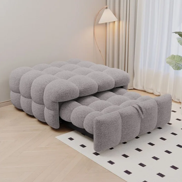 HAUSS SPOLE Schlafsofa 2-in-1-Fußhocker, Ausziehbares Schlafsofa, Teddy-Stoff, Grau, Daybett Tagesbett mit multifunktionaler Sitz- und Liegefunktion für Wohn- und Schlafbereiche, 2-in-1-Fußhocker-Sofa-Bett