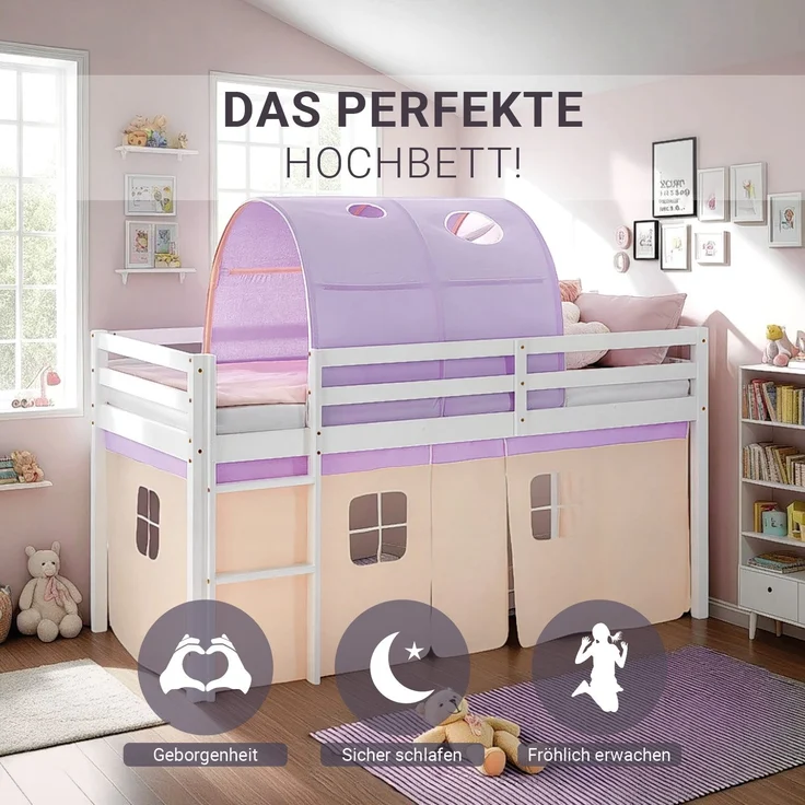 Hochbett Kinder 90x200 cm Kinderbett Kinderhochbett Stockbett Tunnel Vorhang Lila Peach Leiter Holz Massiv – Bild 4