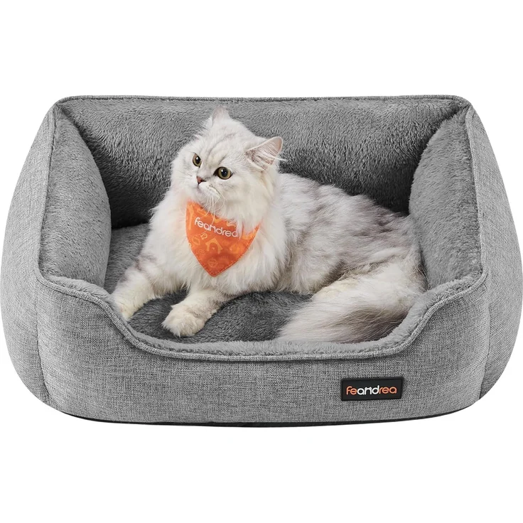 Feandrea Katzenbett, Hundebett, Hundekissen in Leinenoptik, erhöhte Ränder, rutschfeste Unterseite, Bezug abnehmbar waschbar, S, für Minihund, 60 x 50 x 21 cm, hellgrau PGW009G02 – Bild 1