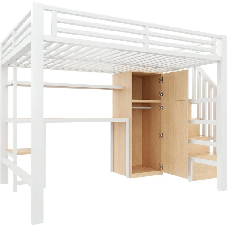 Hochbett mit RGB LED-Streifen, Schreibtisch, Treppe, Regal, Lattenrost und Kleiderschrank, 140x200 cm, Kinderbett mit Rausfallschutz, Metallbett – Bild 9