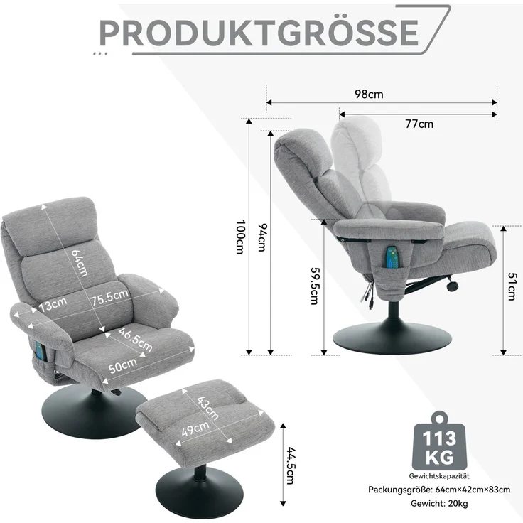 DESVIAE Sessel mit 5-Punkt-Massage und Heizfunktion 75,5x100x77 cm Chenille Grau – Bild 10