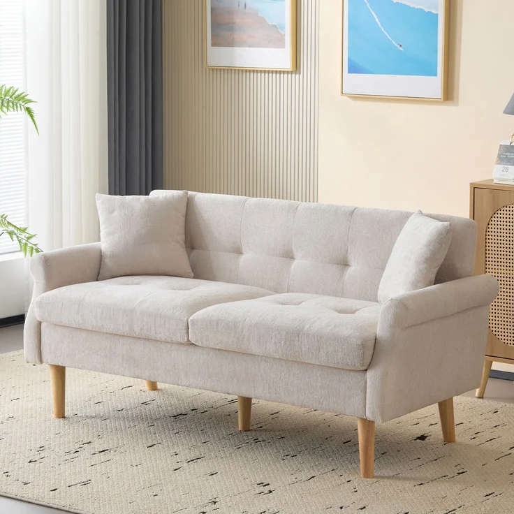 Sofa aus Chenille 2-Sitzer mit Massivholzfüßen, ergonomischem Design & 15 cm dickem Sitzkissen,Beige – Bild 2