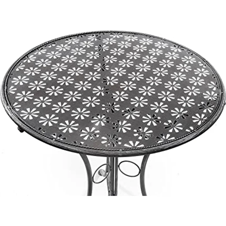 Kobolo Dekorativer Gartentisch, grauer Metalltisch mit Blumenstanzungen, 60 cm Durchmesser, Höhe 70 cm – Bild 2