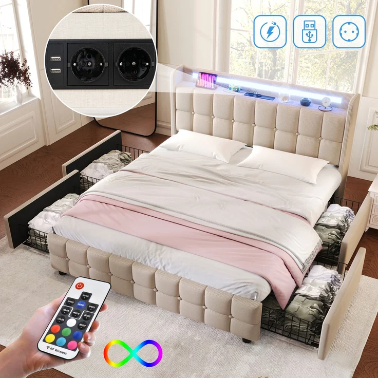 Einzelbett 160 × 200 cm mit Steckdosen,USB-Anschlüssen und LED-Beleuchtung,4 Schubladen,Leinenbezug in Beige,inklusive Matratze – Bild 2