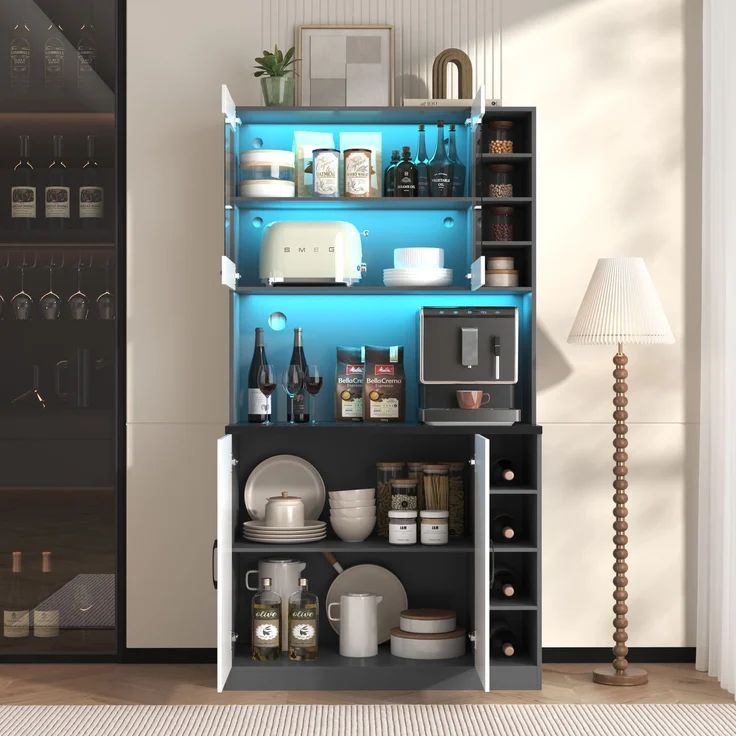 EINHOM 100 x 47 x 187 cm, Küchenschrank, Buffet mit LED-Ambiente-Beleuchtung und Kabellöchern, Küchen-Highboard aus Holz, Großer Platz für Mikrowelle, Freistehend, Höhenverstellbare seitliche Ablagefächer – Bild 5