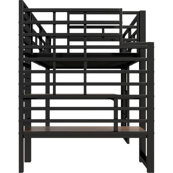 Hochbett mit LED-Streifen, Lattenrost, Rausfallschutz und Fenstern, Treppe mit Regal, 90x200 cm, Einzelbett, Kinderbett, Metall – Bild 10