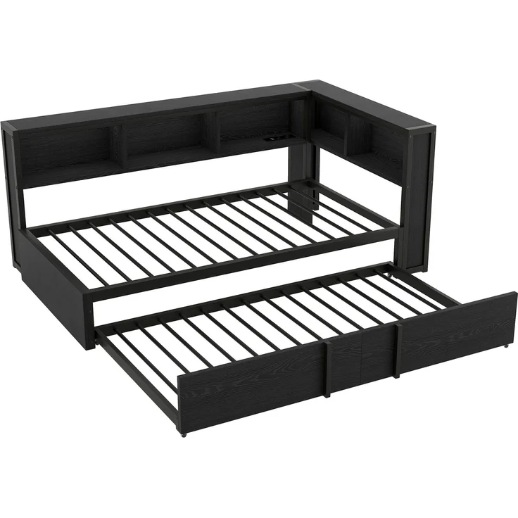 Metall-Tagesbett 90x200 cm mit Ausziehbett, 5 Stauschränken, LED-Beleuchtung und USB-Ladestation, Schwarz – Bild 7