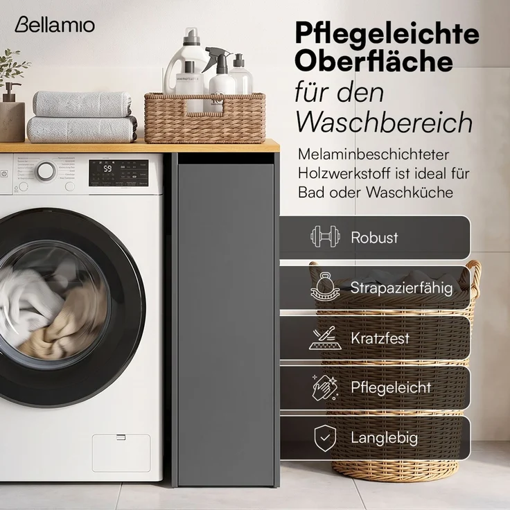 Bellamio 'Vist' Waschmaschine/Trockner Schrank mit 3 Fächern & Tür, Anthrazit/Eichenoptik, Waschmaschinenschrank mit Ablage und Wandanschluss für Standardgeräte, Badschrank für Hauswirtschaftsraum – Bild 7