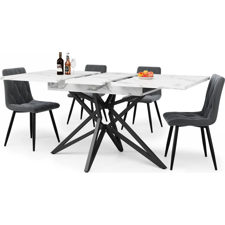Ausziehbarer Esstisch 120/160x80x66,1 cm, weiß, mit sternförmigen Metallbeinen & Marmoroptik – Bild 4