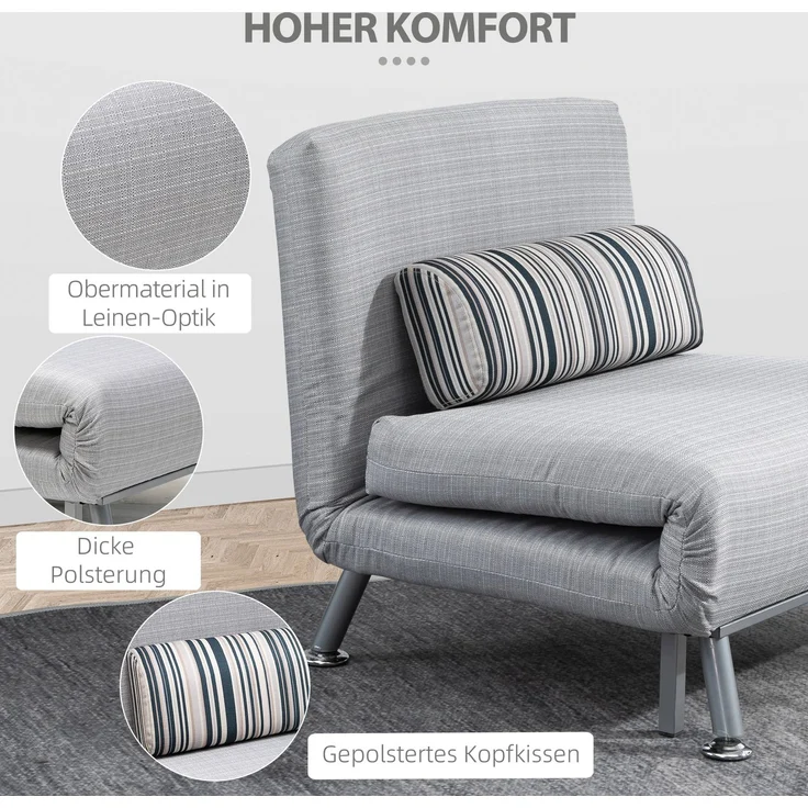 HOMCOM Schlafsessel, Leinenimitat(100% Polyester), Metall, Grau, 75L x 70B x 75H cm – Bild 5