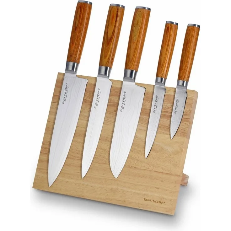 ECHTWERK EW-DM-0377-2 Damaszener Messer Set 6tlg, Griffe natur, inkl. Magnet-Messerblock / Damastmesser