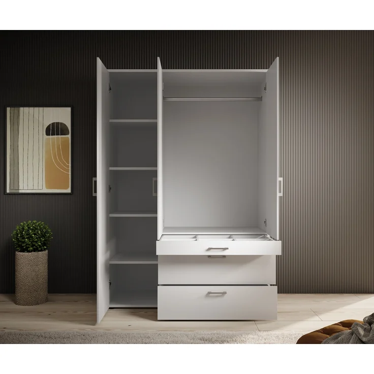 Kleiderschrank >Vesala< in Weiß mit Spiegel, Melamin - 135x195x56cm (BxHxT) – Bild 10