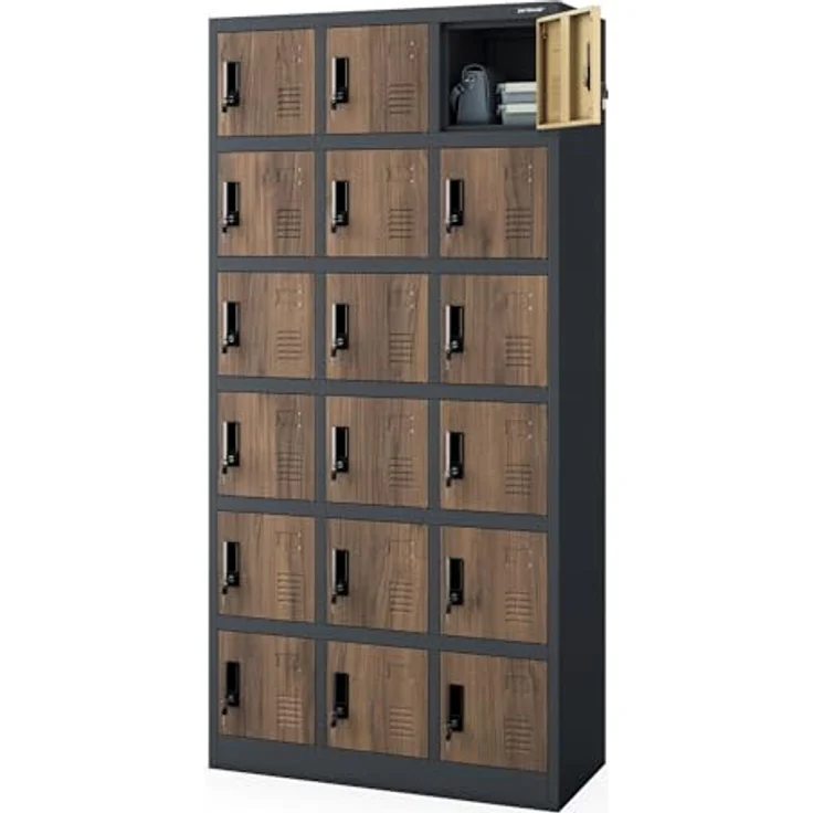 Jan Nowak Umkleideschrank 3B6A Fächerschrank Schließfachschrank mit 18 Fächern Metall Pulverbeschichtung 185 cm x 90 cm x 40 cm (Anthrazit-Holz) – Bild 2