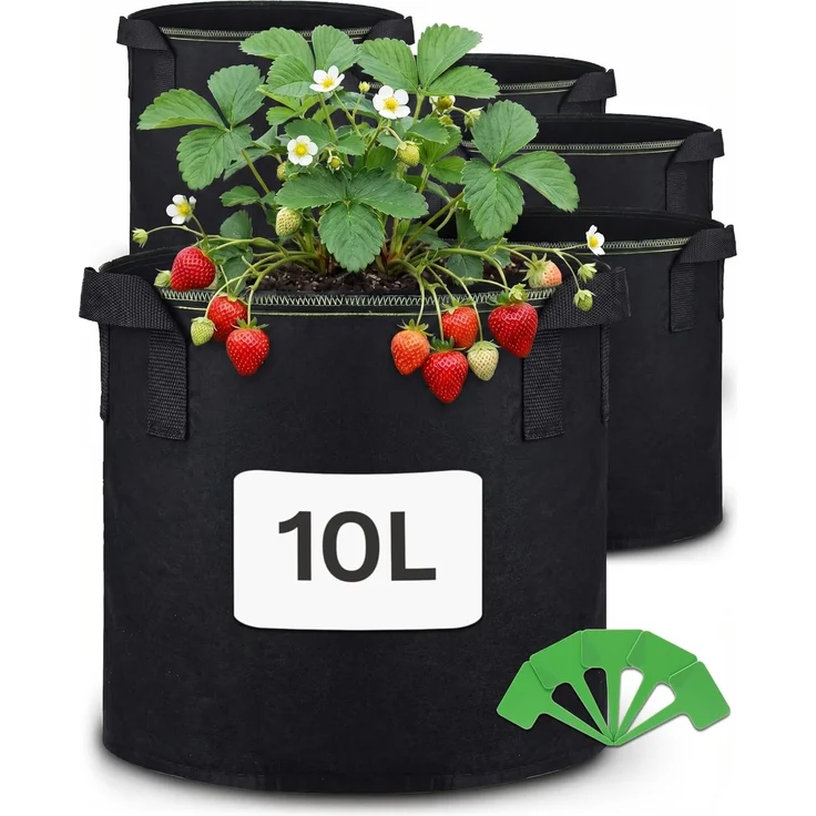 Praknu Pflanzkübel Pflanzsack 10L - 5STK aus Vliesstoff mit Schilder zum Beschriften (5er Set, 5 St)