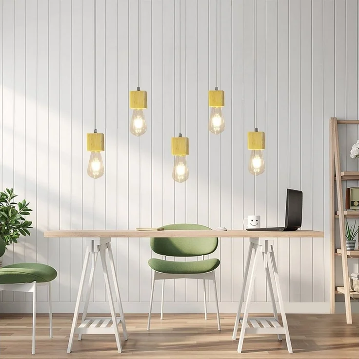 ZMH Pendelleuchte Holz 5 flammig Höhenverstellbar E27 Esszimmer Wohnzimmer, LED wechselbar, Warmweiß – Bild 2