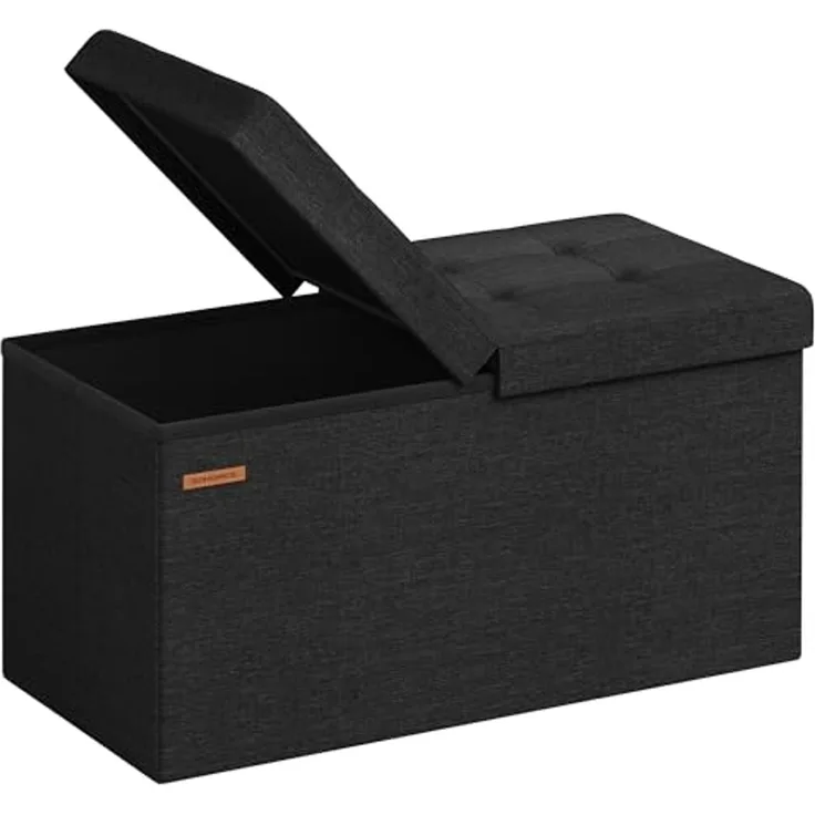 Songmics Sitzbank mit Stauraum, klappbare Sitztruhe, Aufbewahrungsbox, 38 x 76 x 38 cm, Deckel klappbar, bis 300 kg belastbar, für Flur, Wohnzimmer, Schlafzimmer, tintenschwarz LSF046B01