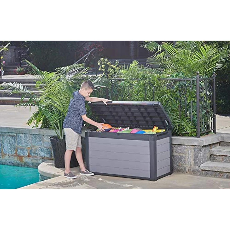 Ambia Garden Kissenbox, Anthrazit/Grau, wetterbeständige Kunststoffbox, 122.9x70.6x62.1 cm, aufklappbarer Deckel, geeignet zum Sitzen, mit Gasdruckfeder – Bild 5
