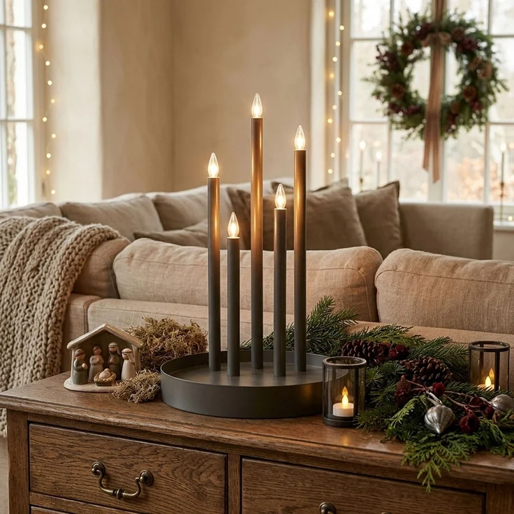 LED Kerzenständer DECO, Grau, Stahl, 5-flammig, Weihnachten H 46 cm – Bild 2