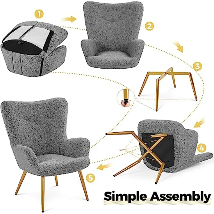 Yaheetech Ohrensessel mit Hocker Polyester-Bezug, Fernsehsessel Armlehnensessel Polstersessel Relaxsessel Cocktailsessel Teddy-Plüsch Stilvolles Design Grau – Bild 8