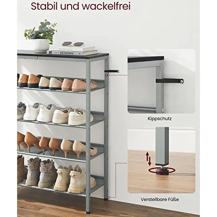 VASAGLE Schuhregal, Schuhablage, 5 Ebenen, große Oberfläche, verstellbare Gitterablagen, platzsparend für Eingangsbereich Flur, Metall, Industrie-Stil, anthrazitgrau-metallisches Silber LBS038E22 – Bild 11