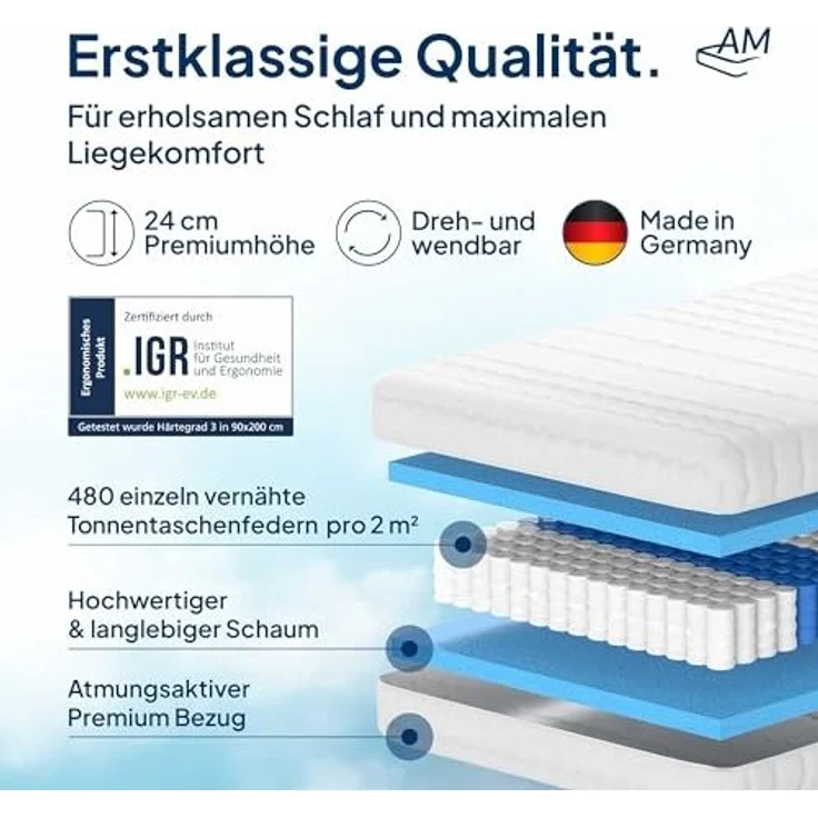 AM Qualitätsmatratzen Hochwertige 7-Zonen Taschenfederkernmatratze 80x220 cm H4-24 cm Premiumhöhe - Tonnentaschenfederkernmatratze 80x220 cm – Bild 3