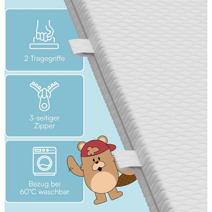 Bellabino 'Twist' Baby- und Kindermatratze 120x200 cm, Höhe 15 cm, Härtegrad H1/H2, wendbare 7-Zonen Kaltschaummatratze, abnehmbarer Bezug, Matratze für Kinder ab Geburt bis 13 Jahren – Bild 6
