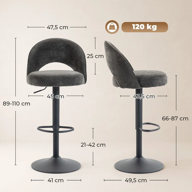 Barhocker 2er-Set, höhenverstellbar und drehbar, für Theke, Dunkelgrau--Dunkelgrau--110x48x49.5cm--YOUDENOVA – Bild 5