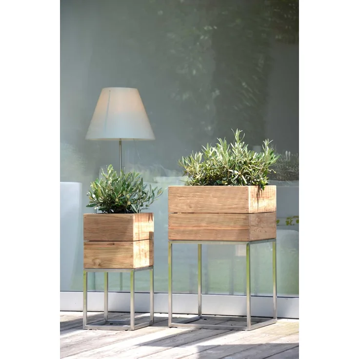 Pflanzenbehälter Mini Garden aus recyceltem Teak und Edelstahl, modern, natur, 40x40x65 cm