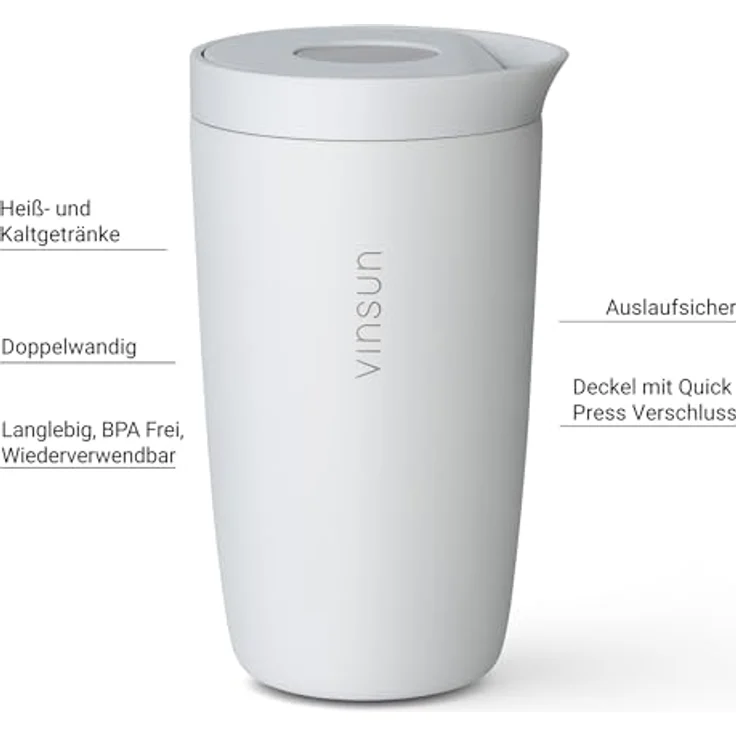 Vinsun Thermobecher Edelstahl Isolierbecher 350ml - Kaffeebecher to Go auslaufsicher, 2-tlg, Edelstahl, Doppelwandig, BPA frei, bruchfest, Einhandbedienung per Knopfdruck – Bild 3