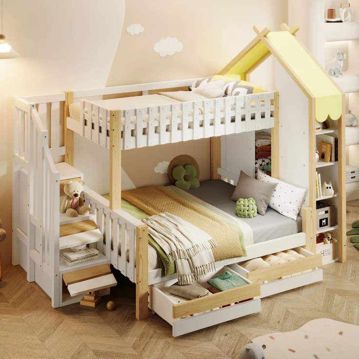 Etagenbett 90x200 cm + 140x200 cm mit Hausdach-Design, Sicherheitsgeländer, Stauraumleiter, offenen Fächern & 2 Schubladen – Bild 4
