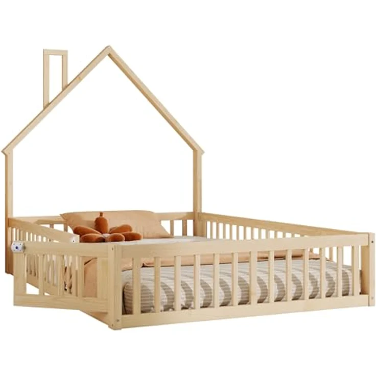 Ball & Cast Bodenbett (140x200 cm), Jugendbett und Hausbett mit Schornsteinform, Kinderbett 90x200 mit rausfallschutz, ohne Matratze, Natürlich – Bild 6