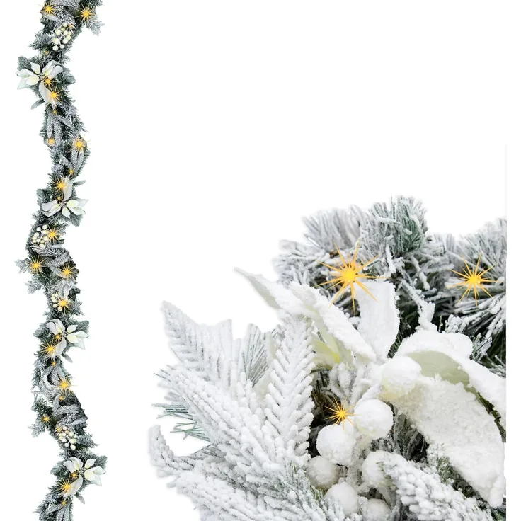 Spetebo Girlanden Weihnachtsgirlande oder -Kranz mit Schnee und weißen Blumen (1-tlg), mit Timer Funktion