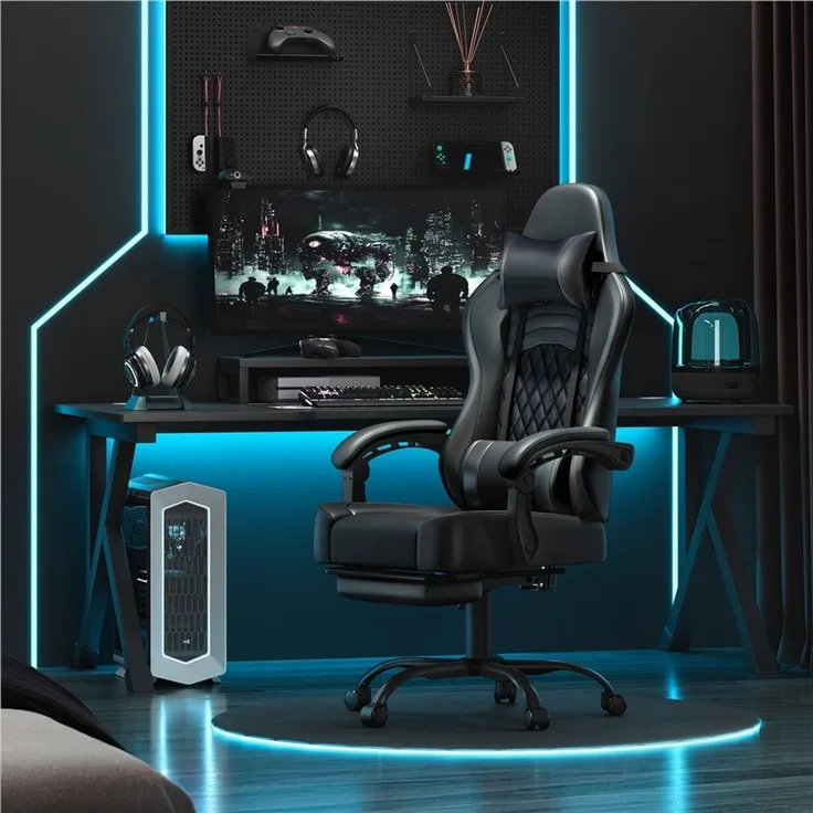 Yaheetech Gaming-Stuhl mit Massagefunktion & Kopfstütze & Fußstütze Ergonomischer PC-Stuhl, höhenverstellbarer Drehstuhl Computerstuhl Verstellbare Rückenlehne, Kunstleder Schwarz, 72 × 72 × 124,5–134 cm