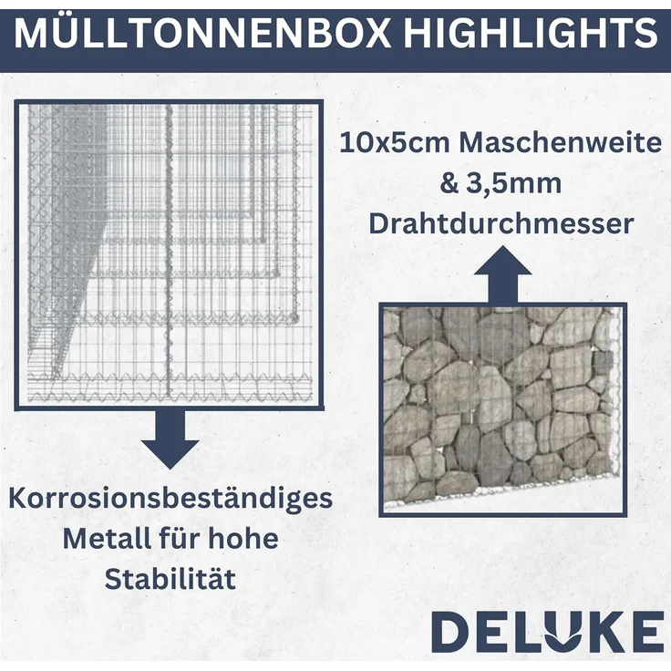 DELUKE® 1er Gabionen Mülltonnenbox ESOL 110x110x100cmMülltonnenverkleidung für 1 Tonne Gabionenwand Müllbox aus Steinen Mülltonnenschutz – Bild 3