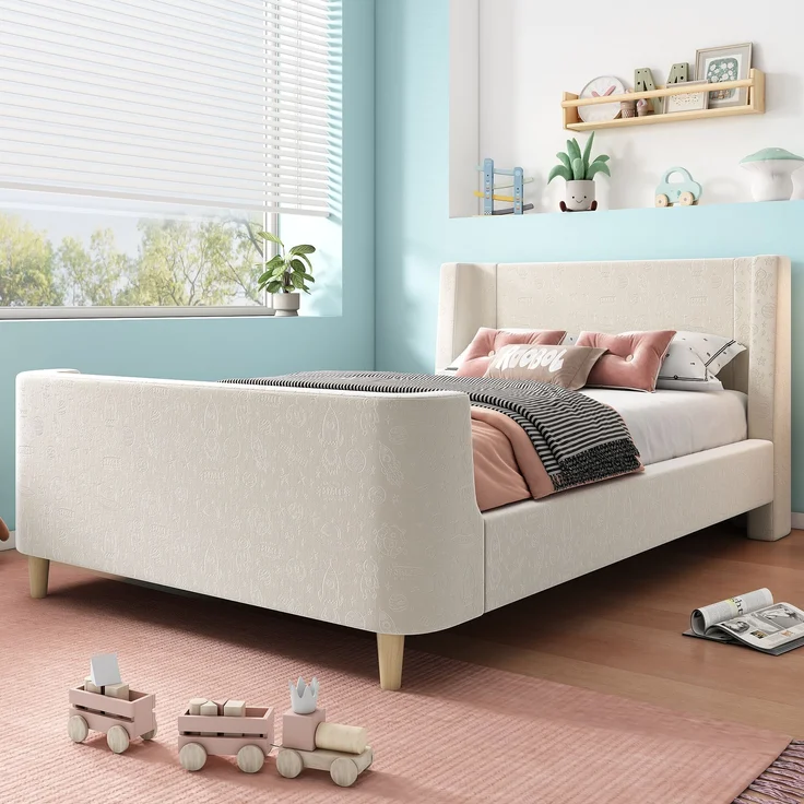 Kinderbett Schlittenbett, Samt mit Weltraum-Muster & Lattenrost, 99x212x76 cm, Beige, ohne Matratze – Bild 2