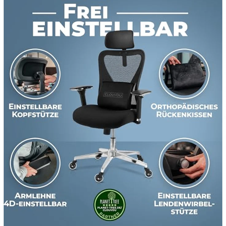 Clouvou CleverSeat Drehstuhl, Schwarzer Textilstuhl mit ergonomischer Form, 70x134x70 cm – Bild 7