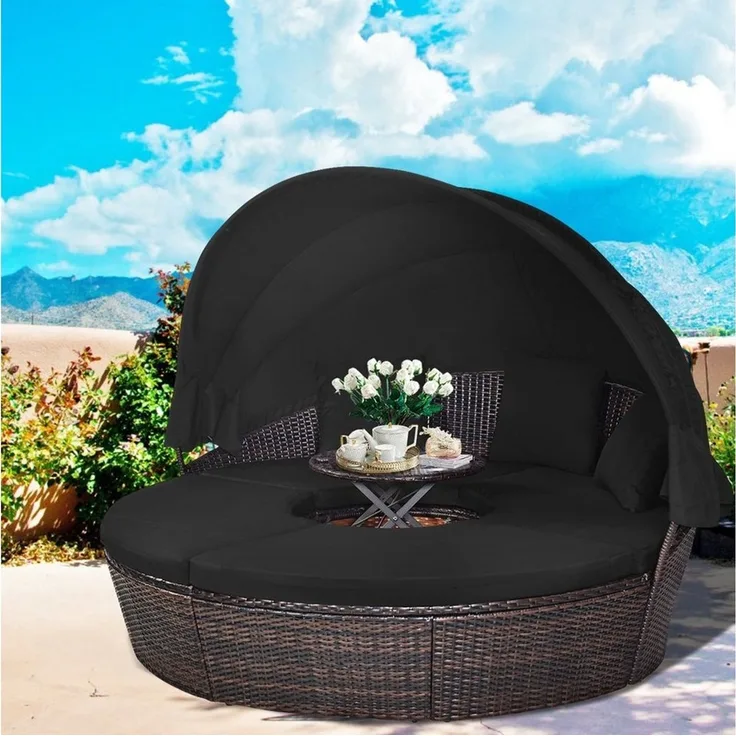 COSTWAY Sonneninsel mit einziehbarem Dach, outdoor, Gatrenlounge Rattan, Kissen, rund