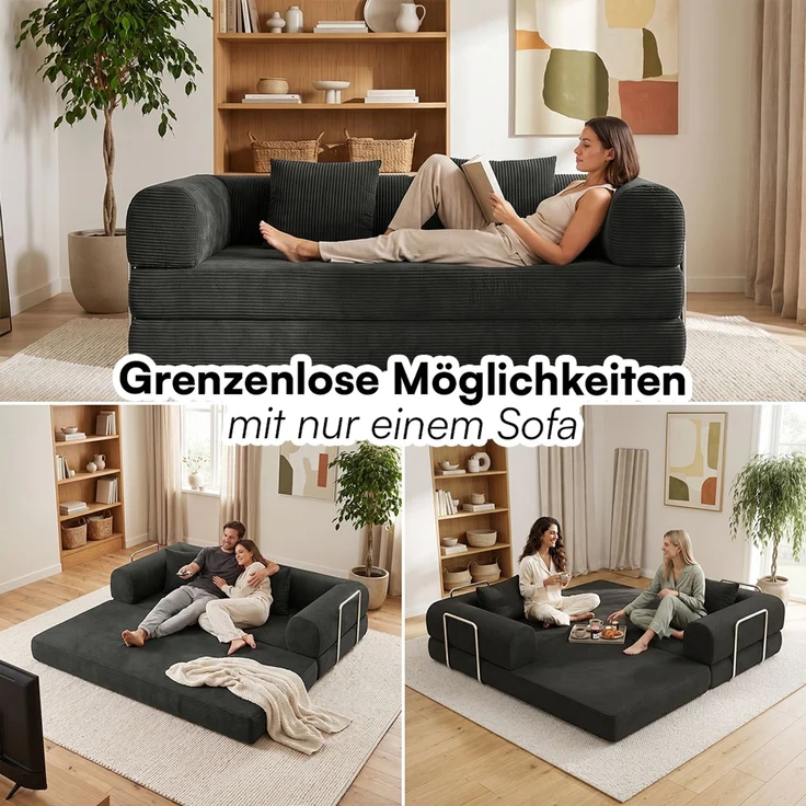 skølm 'Lofn' Modulares Sofa 2 Sitzer, 200x100 cm, Vollschaumcouch mit Metallgestell, Cord schwarz, Schlafsofa vakuumverpackt, kein Aufbau erforderlich – Bild 5