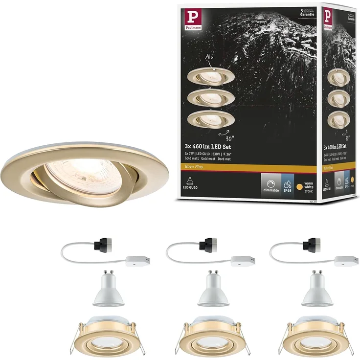 Paulmann 92408 LED Einbauleuchte Nova Plus 3er-Set schwenkbar 93mm gold IP65 dimmbar