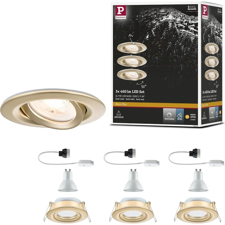 Paulmann 92408 LED Einbauleuchte Nova Plus 3er-Set schwenkbar 93mm gold IP65 dimmbar – Bild 1