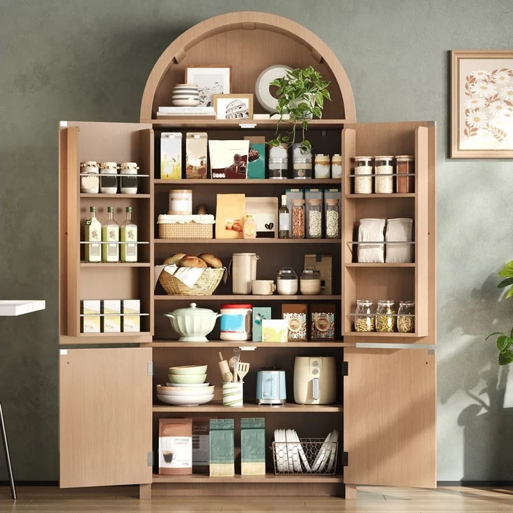 HAUSS SPOLE Hochschrank für Küche & Esszimmer,Bogenschrank Küchenschrank mit Türablagen,Natur (Aufbewahrungsschrank Highboard 180×80×40cm für Wohnzimmer oder Esszimmer) Wohnzimmerschrank mit offenem Oberfach,Vintage-Optik – Bild 3