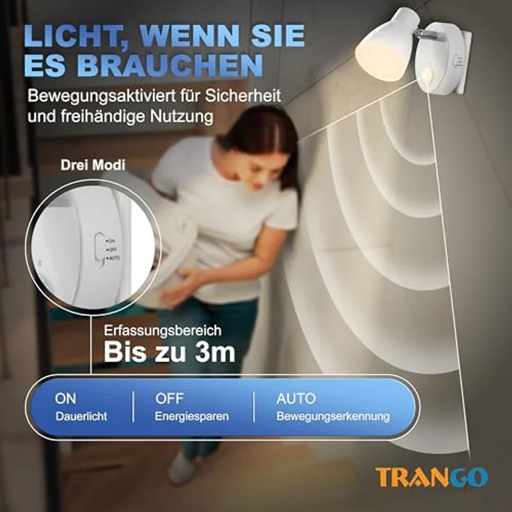 TRANGO LED Nachtlicht, Bewegungsmelder, 2635-016 LED Sensor Steckdosenlampe *MILO* mit Automatikfunktion in Weiß Sicherheitslicht 230V, Wandlampe, Orientierungslicht, Nachtlampe, Steckdosenlicht – Bild 4