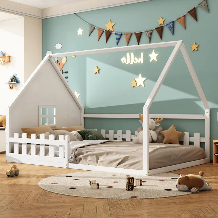 Kinderbett 140x200 Hausbett mit Geländer, Kiefernholz+MDF, Fantasiebett,Weiß – Bild 1