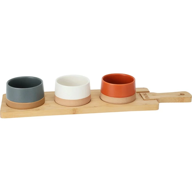 Koopman Dipschale Serviertablett Tapas Schalen 48x12 cm Griff Holz 3 Schalen, Bambus, (5-tlg), 3 Schalen, Tapas, 1 Tablett, Serviertablett, Bambus – Bild 1