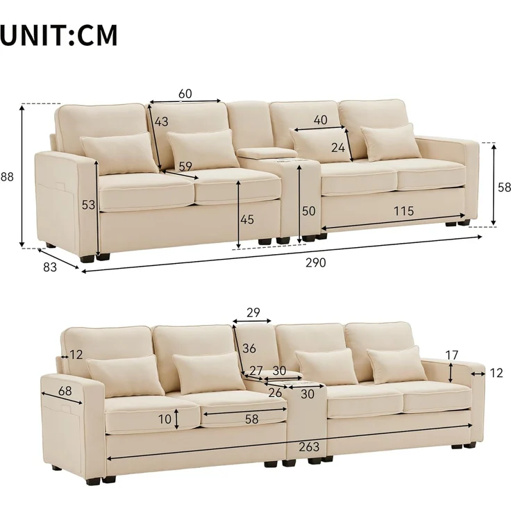 Ball & Cast Sofa mit 2 Getränkehaltern und 2 USB-Anschlüssen, Couch mit Schlaffunktion für Wohnzimmer, Wohnung, Büro, 290 x 83 cm, Beige – Bild 2
